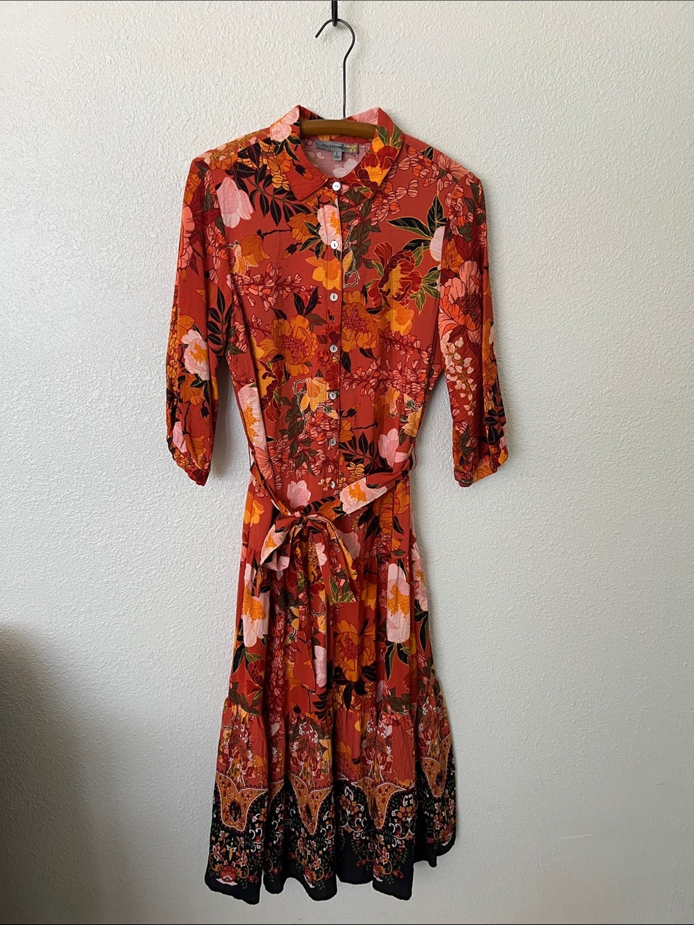 Floral Rust Midi Shirt Dress with Tie Waist boutique brand. Figueroa & flower.